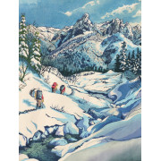 山の木板画　山へ入る日　横岳へ